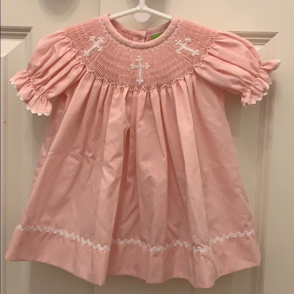 Pink gingham smocked cross dress, 3 months